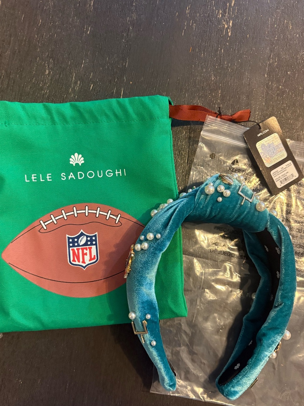 Lele Sadoughi Miami Dolphins Teal Velvet Pearl Headband, Brand New w/tags, Pouch